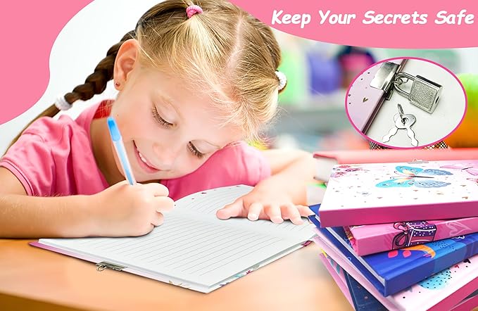 Girls Diary with Lock for Kids, 7x5.25 Inches 160 Lined Pages Secret Pink Butterfly Notebook for Girls Journal with Lock for Kids Pre School Writing Drawing Cute Girls Gifts for Birthday