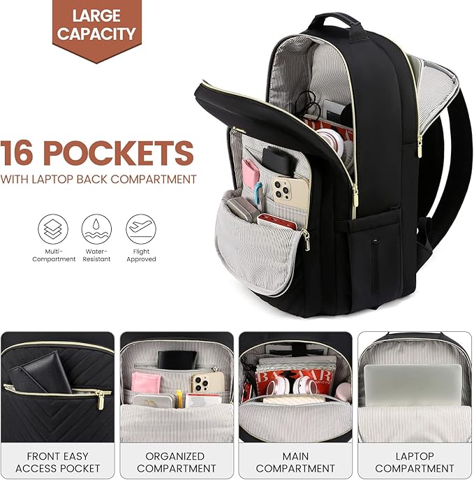 LOVEVOOK Laptop Backpack for Women 17.3 inch,Cute Womens Travel Backpack Purse,Professional Computer Bag,Waterproof Work Business College Teacher Bags Carry on Backpack with USB Port,Black