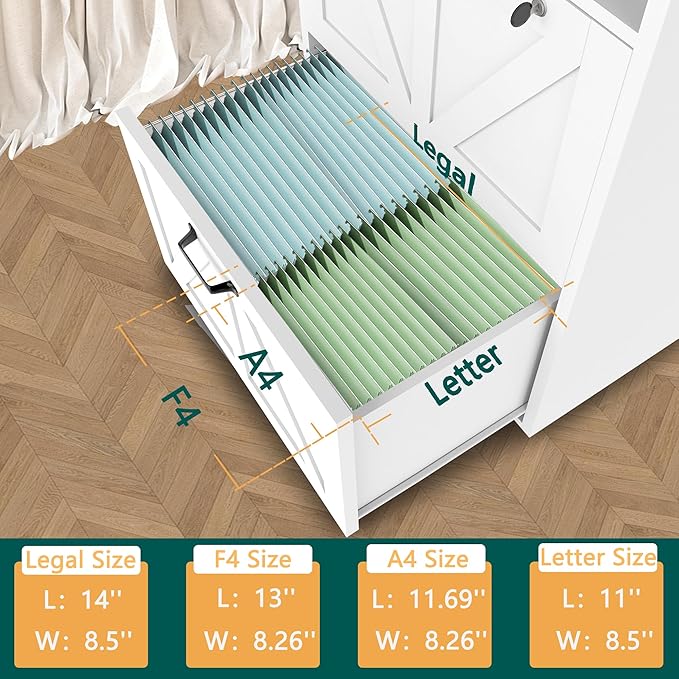 2 Drawer File Cabinet On Wheels & Charging Station, Wood Filing Cabinet with Lock & LED Light, Large Storage Printer Stand for Home Office, White