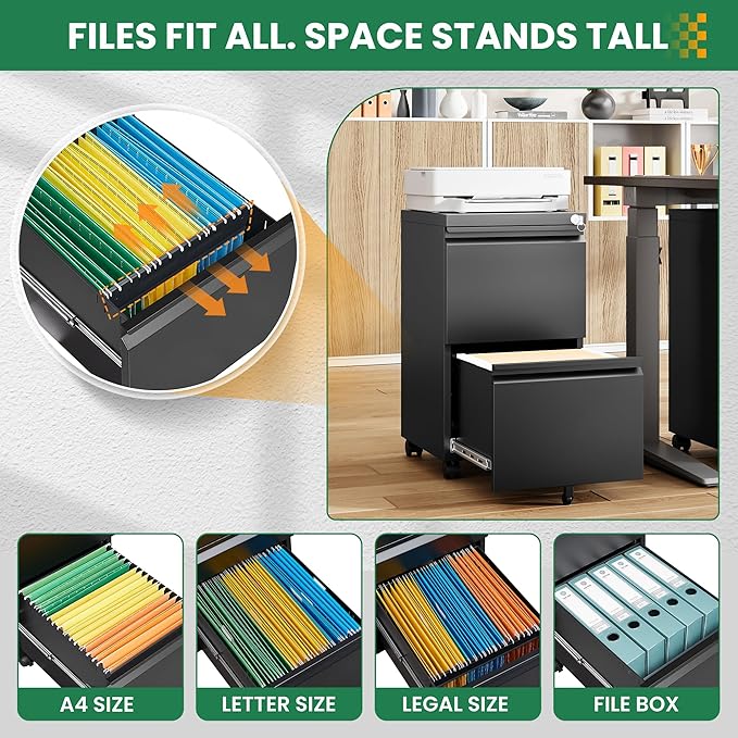 2 Drawer Metal File Cabinet with Lock, Rolling File Cabinets with Lock for A4/Legal/Letter Size, Under Desk Filing Cabinet for Home Office Assembly Required(Black)