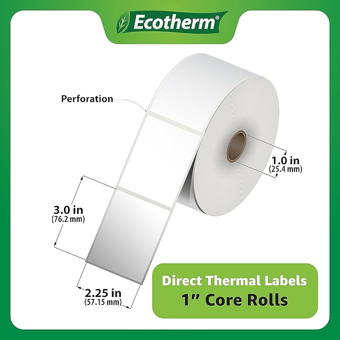 2.25" x 3" Thermal Labels | 6 Rolls | 5040 Labels | fits Zebra, Munbyn, Rollo, Godex, Arkscan, iDPRT, Offnova Thermal Label Printers and More | Blank White Adhesive Stickers by Ecotherm