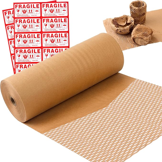 Honeycomb Packing Paper 15" Width X 200 FT for Moving Glass Dishes Recyclable Wrapping Paper Bubble Wrap Packing Material for Shipping Fragile Items Shipping Filler with 20 Fragile Stickers