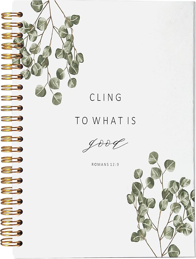 VNWEK Bible Scripture Romans 12:9 Cling to What is Good Motivational Eucalyptus Leaf Spiral Notebook Journal 5.5 x 8.3 inches,Christian Lined Hardcover Spiral Notebook,Christian Gifts