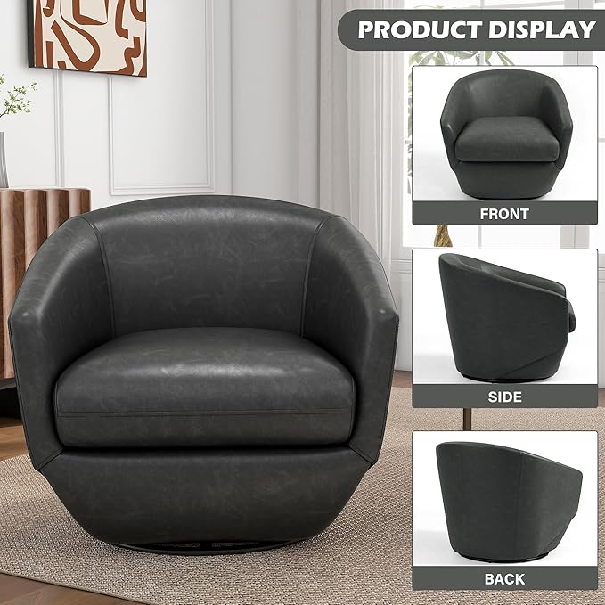 UIXE 360° Swivel Barrel Accent Chair, PU Leather Upholstered Club Armchair for Living Room, Modern Round Arm Chair Single Sofa Bedroom Reading Seating (Black)