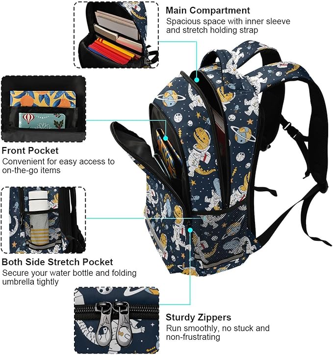 MNSRUU Laptop Backpack with Chest Strap, Astronaut Dinosaur School Backpack, Travel Hiking Backpack for Boys Girls Teen Adult, Rucksack, Knapsack