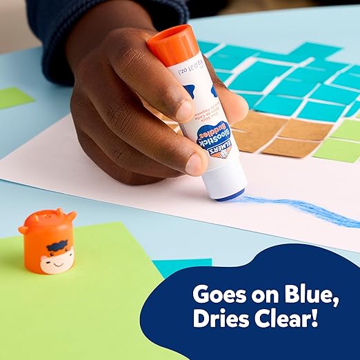 Elmer's BlooStick Buddies Glue Sticks, Disappearing Blue Glue Stick, Anti-Roll Cap, 6g, 48 Count