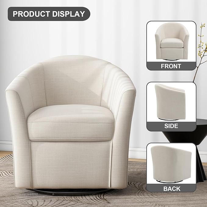 UIXE 360° Swivel Barrel Accent Chair, Modern Round Arm Chair Upholstered Club Armchair, Single Sofa Seating in Fabric for Living Room, Bedroom (Beige)