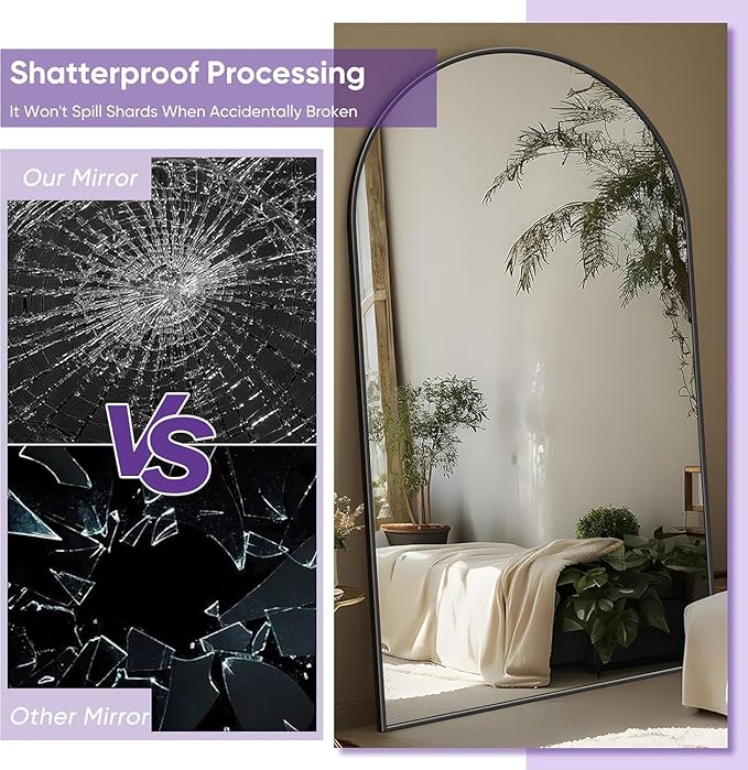 Full Length Mirror, 91"x46" Oversized Floor Mirror Freestanding, Full Body Floor Standing Mirrors with Stand, Hanging Mounted for Bedroom Living Room, Black, Arched Style