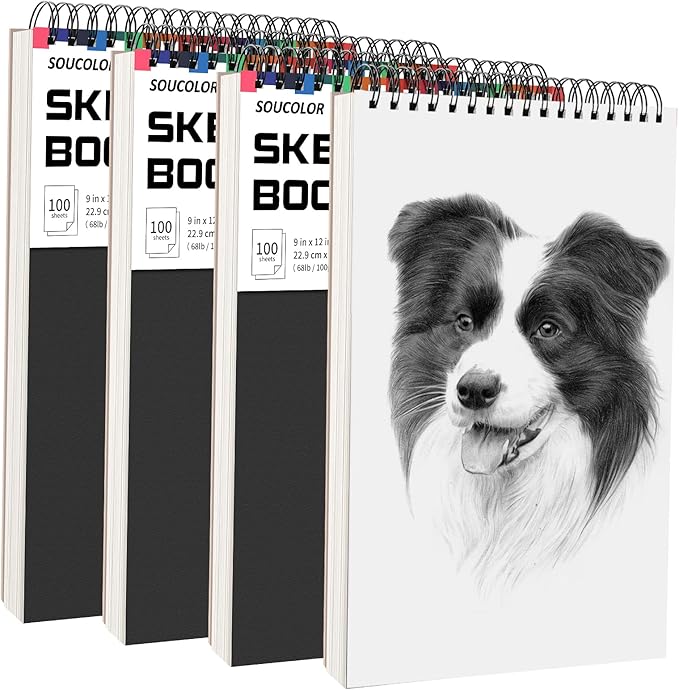 Soucolor 9" x 12" Sketch Book, 4-Pack 100 Sheets Spiral Bound Art Sketchbook, Acid Free (68lb/100gsm) Artist Drawing Book Paper Painting Sketching Pad