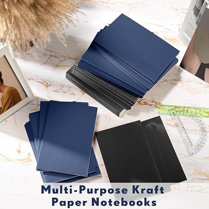 Mimorou 100 Pcs Kraft Notebook Journals 5.5 Inch x 8.3 Inch A5 Softcover Notebooks Bulk for Writing Sketch Office Notepad with 60 Pages 30 Sheets(Black, Navy,Lined)