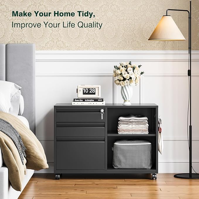 3 Drawer Metal File Cabinet with Lock,Mobile Lateral Filing Cabinet,Printer Stand Storage Cabinets with Shelves for Home Office(Black)