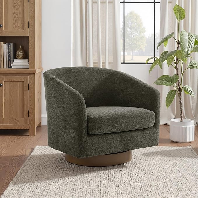 UIXE Swivel Accent Chair with Wood Base, Chenille Upholstered Barrel Chairs for Living Room, Comfy Round Armchair Single Sofa Bedroom Reading Seat - 31" W, Tan