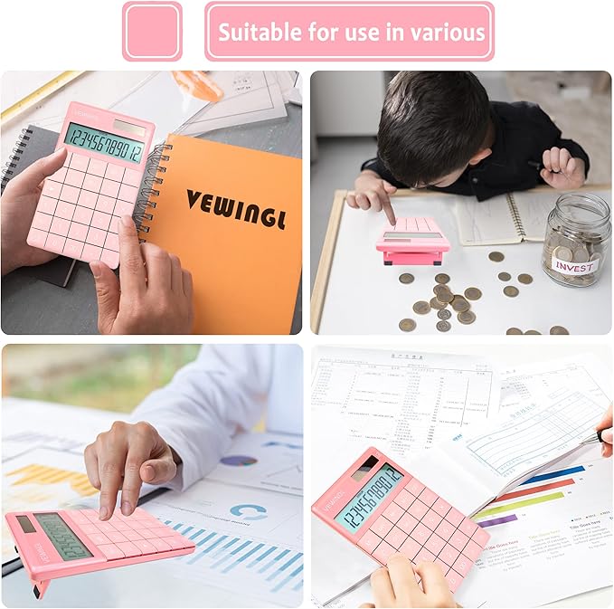 VEWINGL Laptop Keyboard Calculator 12 Digit,Dual Power Battery and Solar,Desk Calculator with Large LCD Display for Office,School, Home & Business Use,Tablet Button,Automatic Sleep.6.5 * 4 in (Pink)