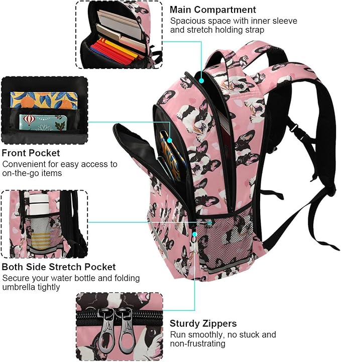 MNSRUU Laptop Backpack with Chest Strap, Bulldog School Backpack, Travel Hiking Backpack for Boys Girls Teen Adult, Rucksack, Knapsack