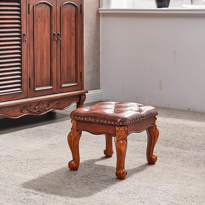 Foot Stool Ottoman Foot Rest Microfiber Leather Upholstered Footstool for Sofa, Living Room, Entryway, Solid Wood Stool (Light Brown)