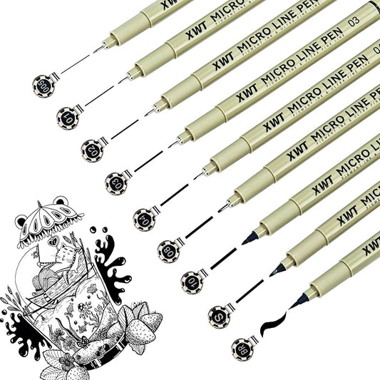 Micro Fineliner Pens 9 Size/Set, Ultra Fine Fineliner, Soft Nib, Brush Marker, Water-based Black Pigment Ink, Drawing Journaling Doodle Supplies for Artists, Designers, Students