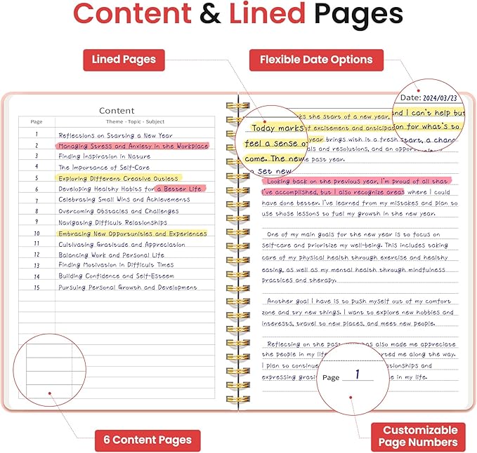 Taja Lined Spiral Journal Notebook for Work, 6 Pack, 140 Pages, College Ruled Hardcover Notebook Journal for Women, 6 Pcs, Journals for Writing, A5(6"x8") - Pink