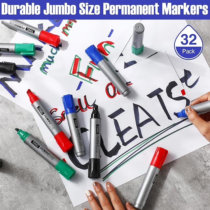 Fuutreo 32 Pcs Jumbo Permanent Markers Bulk Large Chisel Tip Permanent Markers Waterproof Jumbo Pens Quick Drying Office Teacher Supplies(Black, Green, Blue, Red)