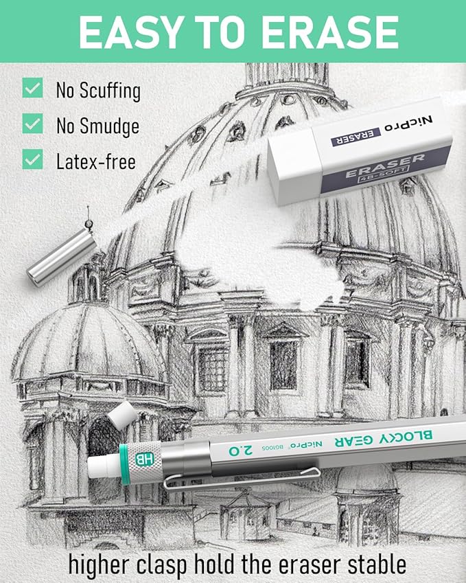 Nicpro Blocky Gear 2mm Metal Mechanical Pencils Set with Case, Drafting Pencil with 6 Tubes 2mm Lead Refill (HB 2B 2H 4B 4H & Colors) Sharpeners, Erasers for Artist Art Writing Drafting Drawing