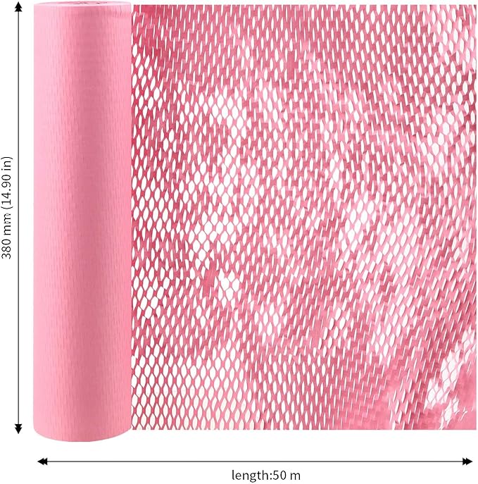 JAPCHET 15 In x 164 Ft Pink Honeycomb Packing Paper, Honeycomb Paper with Sticker Labels and 10 m Rope Honeycomb Wrap Roll for Packaging and Shipping