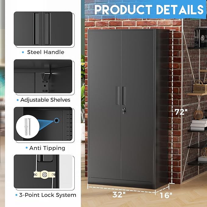 Greenvelly Metal Storage Cabinet with Lock, 72” Black Garage Storage Cabinet with Doors and Shelves, Tall Lockable File &Tool Cabinet for Home Office, Metal Classroom Cabinet Basement