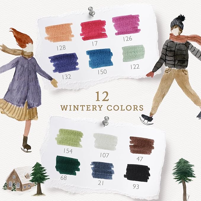 Primrosia 12 Dual Tip Watercolor Marker Pens - Fine Tip & Brush Tips, Professional Quality, 4 x Sticker Sheets, Blendable, Non-Toxic, Perfect for Calligraphy, Drawing & Coloring. (Alpine)