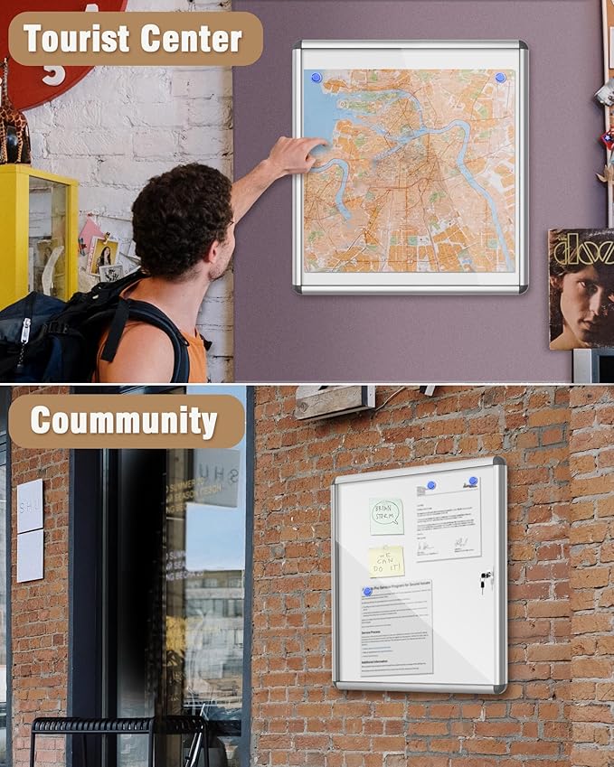 28"x26" Enclosed Bulletin Board, Lockable Weather-Resistant Aluminum Noticeboard for School & Office, Silver Frame w/Magentic Whiteboard
