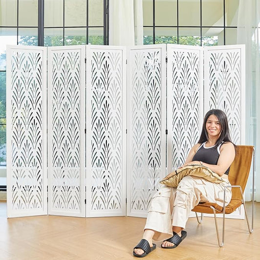 5.6Ft Room Divider Folding Wood Simple Carved Partition Screen for Home Office Garden - 6 Panels (White)