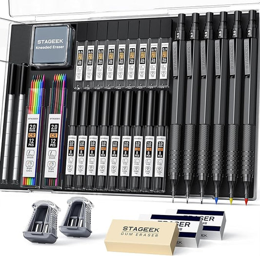 35PCS Black Art Mechanical Pencil Set in Case,0.5 0.7 0.9 2.0 Graphite Metal Drawing Drafting Pencils, Sharpener Erasers 384PCS Lead Refills (6B 4B 2B HB 2H 4H Colors) for Writing Sketching