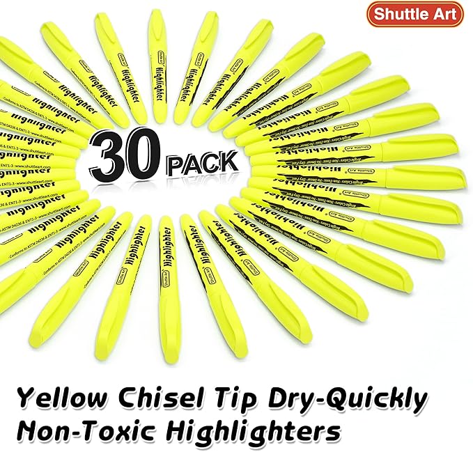 Shuttle Art Yellow Highlighters, 30 Pack Highlighters Bright Colors, Chisel Tip Dry-Quickly Non-Toxic Highlighter markers for Adults Kids Highlighting in Home School Office