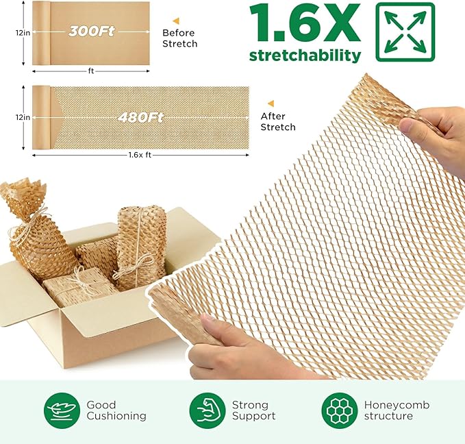 Honeycomb Packing Paper, 12"x300' Brown | Perforated Honeycomb Packing Paper Recyclable Moving Supplies for Shipping & Moving | Plastic-Free Alternative to Bubble Cushion Wrap with 36 Fragile Stickers