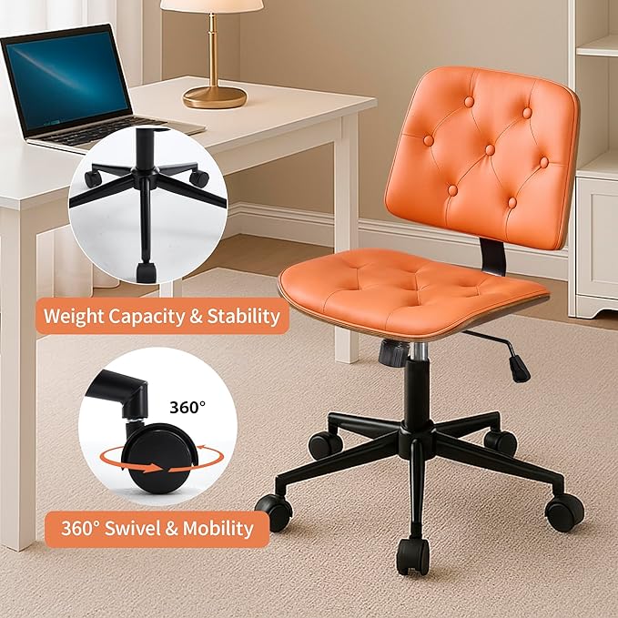 Small Armless Desk Chair – PU Leather Mid-Back Ergonomic Office Chair with Adjustable Height, Swivel Wheels, Walnut Frame, Ideal for Small Office, Study, or Bedroom, Orange