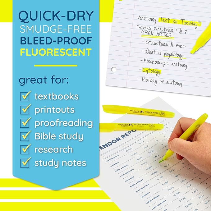 Blue Summit Supplies 100 Pack Chisel Tip Yellow Highlighters Bulk Classroom, Pocket Thin Highlighters Yellow Bulk for Adults and Kids Highlighting in Home, School, or Office, Quick Dry