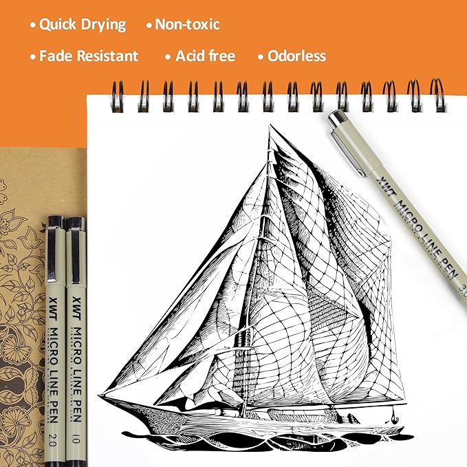 Micro Fineliner Pens 12 Size/Set, Ultra Fine Fineliner Pen, Chisel Pens, Brush Marker Pen, Water-based Black Pigment Ink, Drawing Journaling Doodle Supplies for Artists, Designers, Students