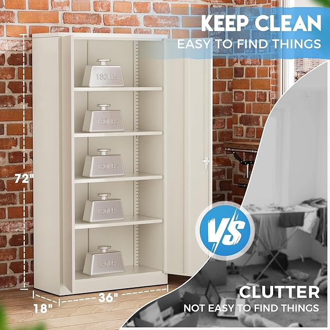 Greenvelly Garage Storage Cabinet,72" Metal Cabinet with 2 Doors and 4 Shelves,Steel File Cabinet for Home Office, Garage, Classroom(Grey 36" X 18")