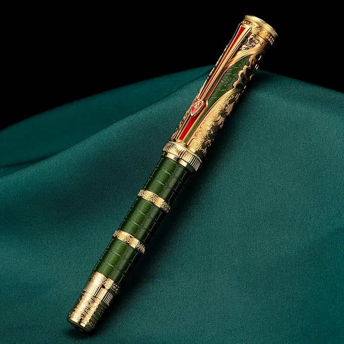Hongdian D5X Fountain Pen - Green Qin Dynasty Retro Chinese Totem Engraving, Extra Fine Nib, Smooth Writing with Converter and Pen Box Set