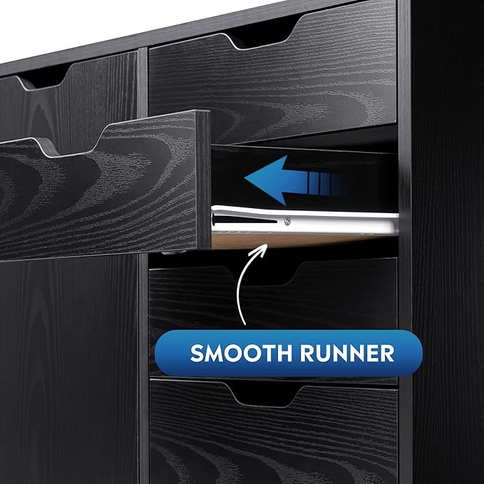 DEVAISE 5-Drawer Wood Dresser Chest with Door, Mobile Storage Cabinet, Printer Stand for Home Office, Black