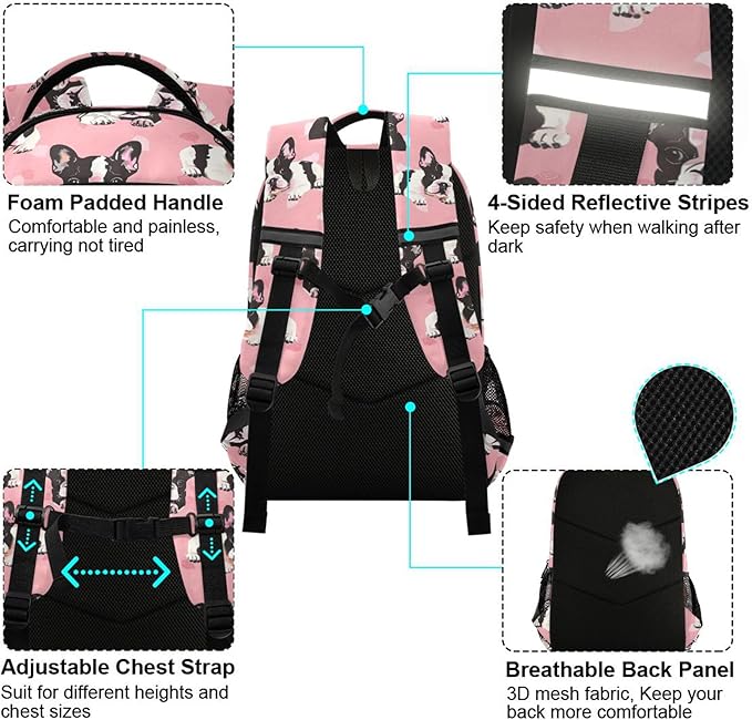 MNSRUU Laptop Backpack with Chest Strap, Bulldog School Backpack, Travel Hiking Backpack for Boys Girls Teen Adult, Rucksack, Knapsack