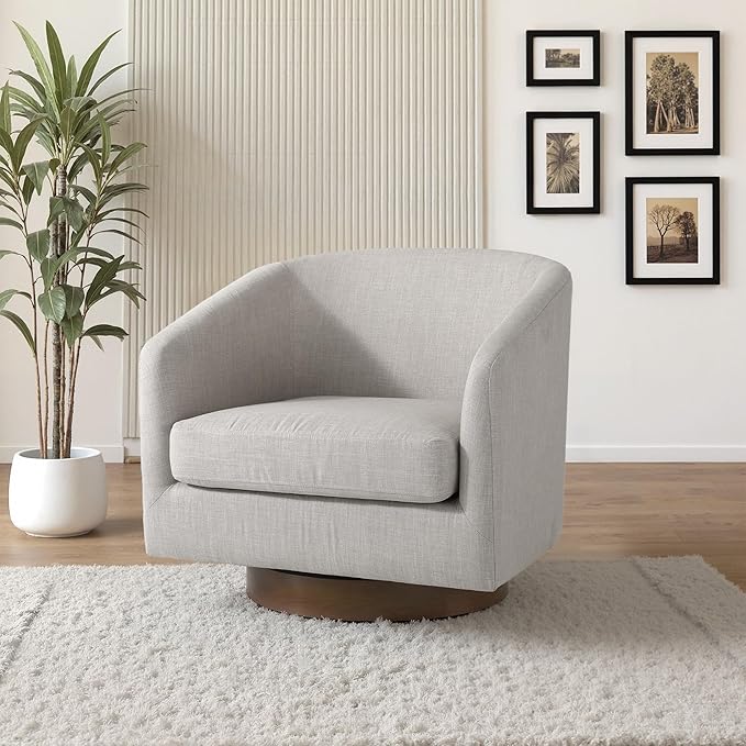 UIXE Swivel Accent Chair with Wood Base, Fabric Upholstered Barrel Chairs for Living Room, Comfy Round Armchair Single Sofa Bedroom Reading Seat - 31" W, Khaki