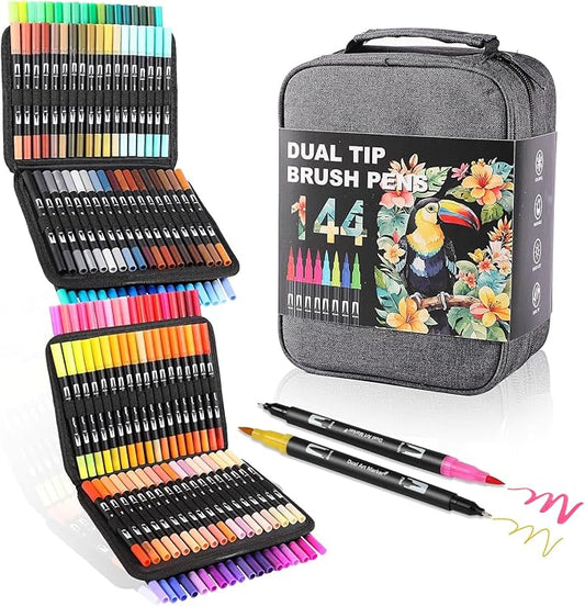 Double Brush Marker Pens, 144 Colors Art Markers Set with Fine Tip and Brush Tip for Kids Adult Coloring Book Hand Lettering Calligraphy Drawing Art Supplies Kit