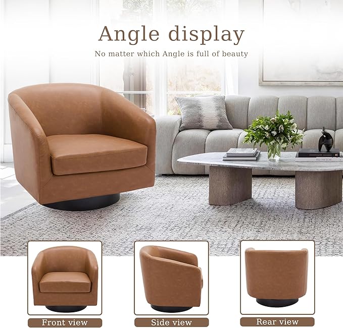 UIXE Faux Leather Swivel Accent Chair with Wood Base, Modern Upholstered Barrel Chairs for Living Room, Comfy Round Armchair Single Sofa Bedroom Reading Seat - 31" W, Brown