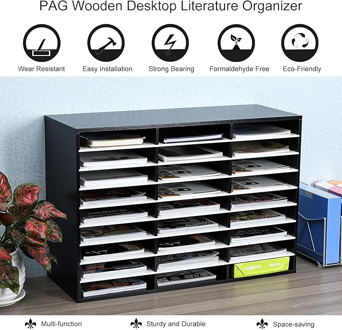 PAG Mail Sorter Organizer, Wood Literature Organizer, Student Mailbox for Classroom, Desktop Bill Paper Organizer for Office Home School, 27 Compartments, Black&White