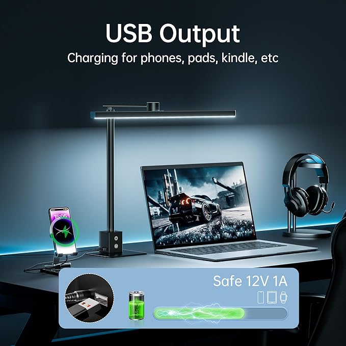 deeloop 2-in-1 LED Desk Lamp or Clamp with USB Charging for Home Office, CRI 95+ for Sunlight-Like Spectrum, 45° Asymmetric Glare‑Free Light, Memory Dimming Desk Light, Full‑Angle 3‑Axis Office Lamp