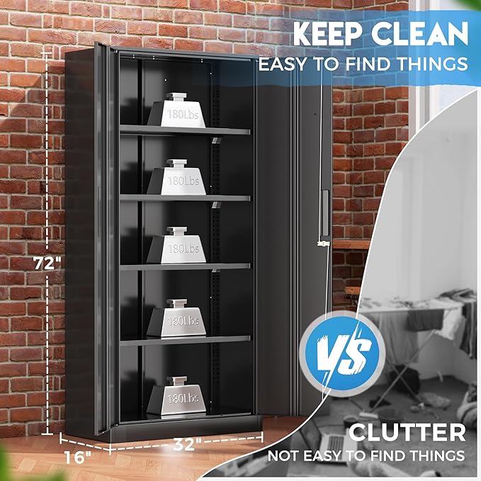 Greenvelly Metal Storage Cabinet with Lock, 72” Black Garage Storage Cabinet with Doors and Shelves, Tall Lockable File &Tool Cabinet for Home Office, Metal Classroom Cabinet Basement