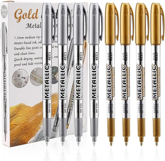 LOONENG Gold and Silver Marker Metallic, Fine Point Gold and Silver Markers Permanent Metallic for Artist Illustration, Crafts, Gift Card Making, Scrapbooking, Fabric, DIY Photo Album, 8 Count
