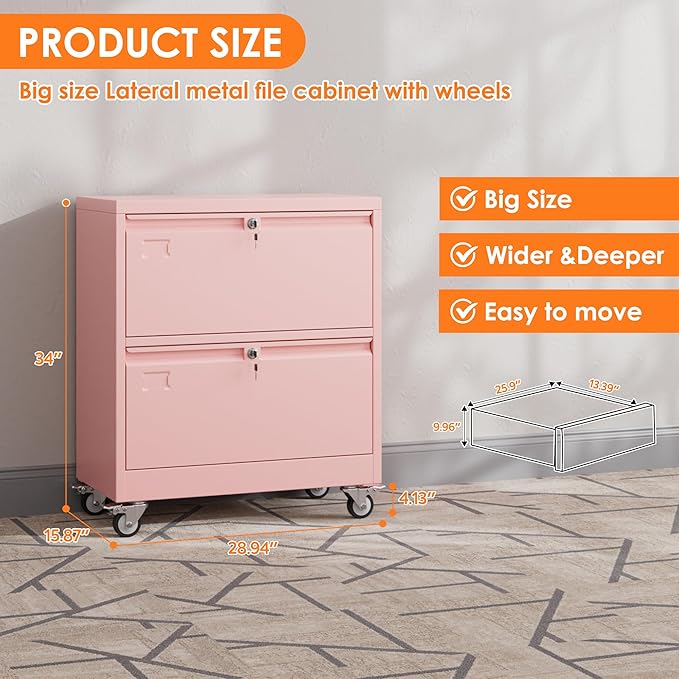 Aobabo Metal 2 Drawer Lateral File Mobile Cabinet with 2 Lock, File Cabinet with Wheels and Adjustable File Bars for Office, Home, for Letter/Legal Size, Pink, Assembly Required