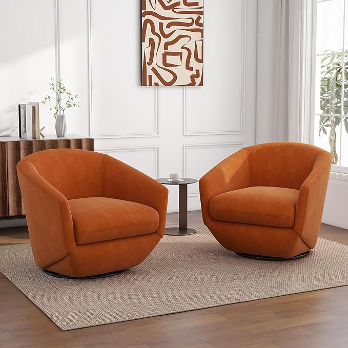 UIXE Velvet Swivel Accent Chairs Set of 2, Barrel Chair Upholstered Club Armchair for Living Room, Comfy Single Sofa Bedroom Side Reading Seat - Orange