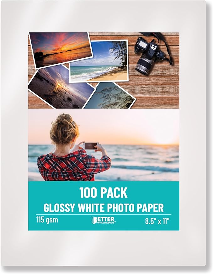 Better Office Products Thin Glossy Photo Paper, 100 Sheets, 8.5 x 11", 30 lb, 115gsm, Inkjet Photo Paper, for Brochure Printing, Custom Chip Bag Party Favors, Letter Size, 100-Count Pack
