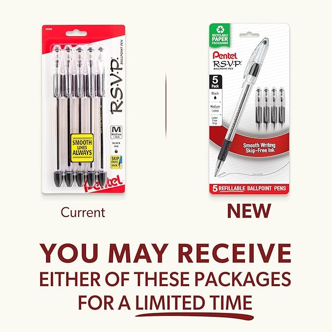 Pentel RSVP Ballpoint Pen, (1.0mm), Medium Line, Black Ink, Pack of 5 (BK91BP5A)