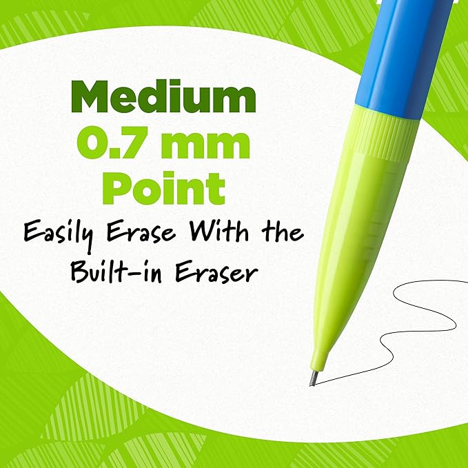 BIC Ecolutions Mechanical Pencils with Erasers, With Colorful Barrel, Medium Point (0.7mm), 24-Count Pack, Mechanical Pencils Made from 81% Recycled Plastic Excluding Leads and Erasers (MPE24-BLK)